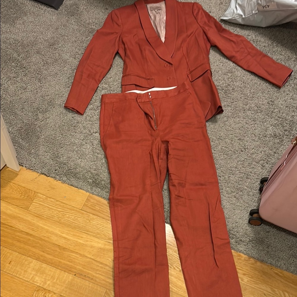 Women’s Rust Red Linen Blend Suit Jacket & Pants Set size 8 pant 6 jacket